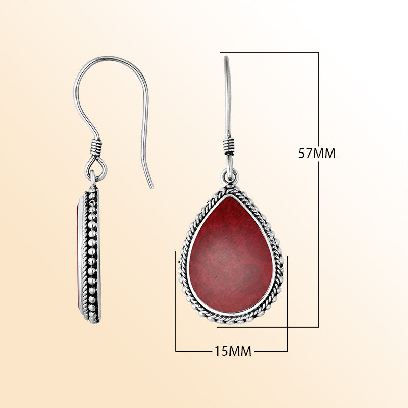 Sterling Silver Red Coral pear shape drop earrings for women with Earwire and detailed silver border handcrafted jewelry.
