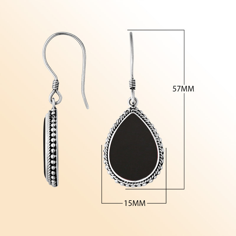Sterling Silver Black Shell pear shape drop earrings for women with Earwire and polished silver border handcrafted jewelry.