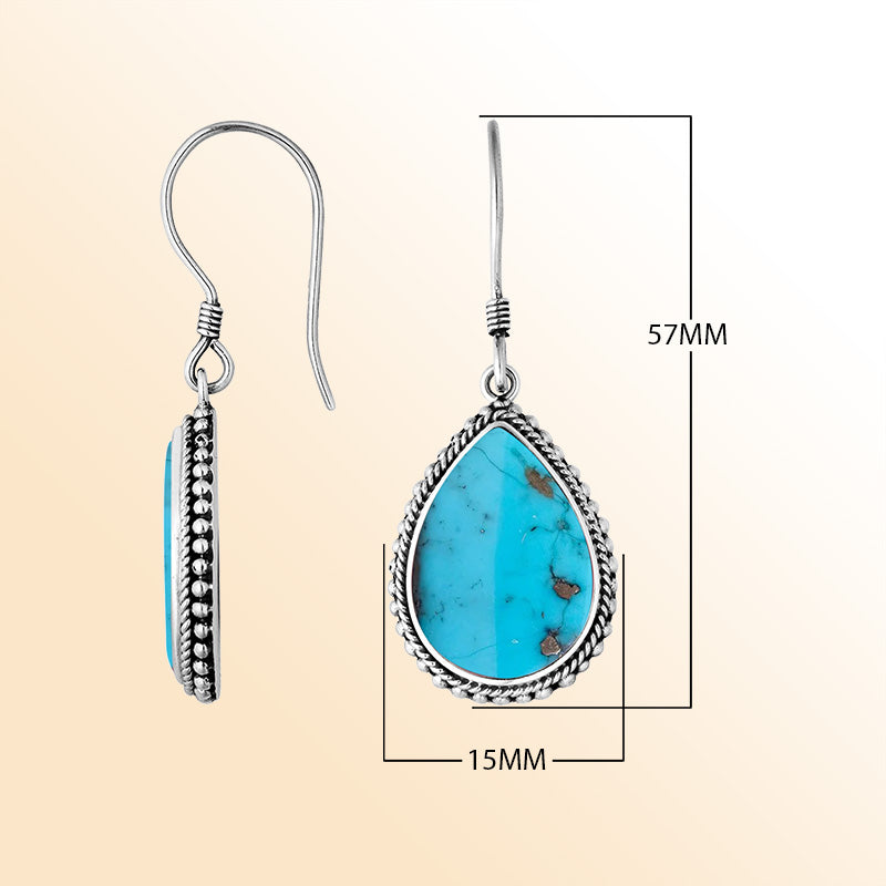 Sterling Silver Turquoise Shell pear shape earrings for women with Earwire and polished silver border handcrafted jewelry.