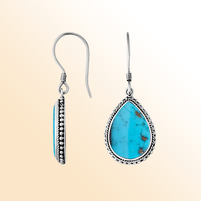 Sterling Silver Turquoise Shell pear shape earrings for women with Earwire and polished silver border handcrafted jewelry.