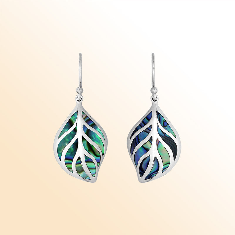 Sterling Silver Abalone Shell leaf shape earrings for women with Earwire and polished handcrafted design.