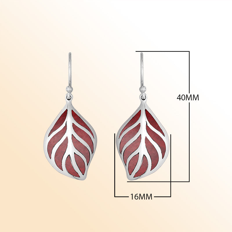 Sterling Silver Red Coral leaf shape earrings for women with Earwire and polished handcrafted silver design.