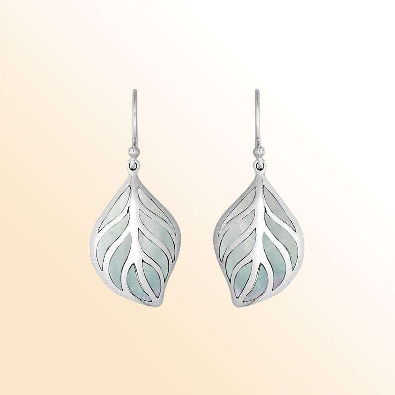 Sterling Silver Mother Of Pearl leaf shape earrings for women with Earwire and polished handcrafted silver design.