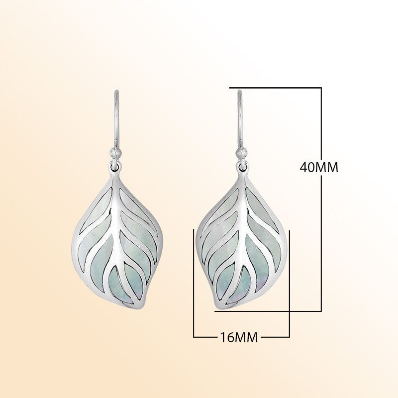 Sterling Silver Mother Of Pearl leaf shape earrings for women with Earwire and polished handcrafted silver design.
