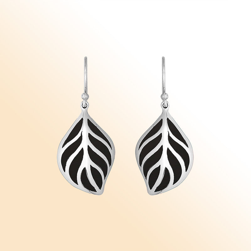 Sterling Silver Black Shell leaf shape earrings for women with Earwire and polished handcrafted silver design.