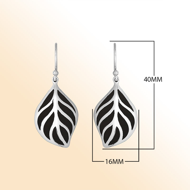 Sterling Silver Black Shell leaf shape earrings for women with Earwire and polished handcrafted silver design.