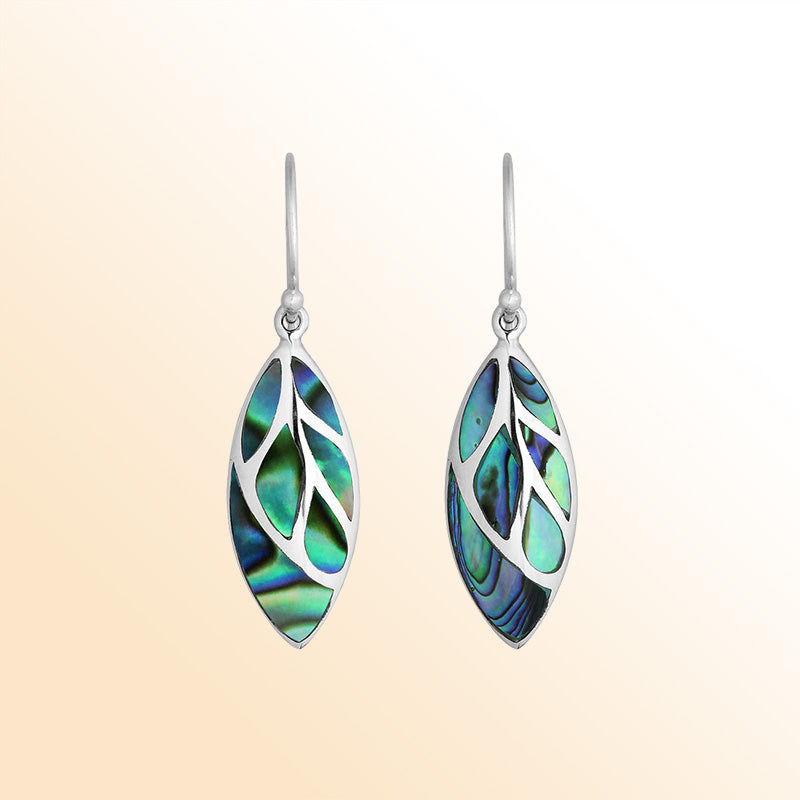 Sterling Silver Abalone Shell marquise leaf earrings for women with Earwire and polished handcrafted design.