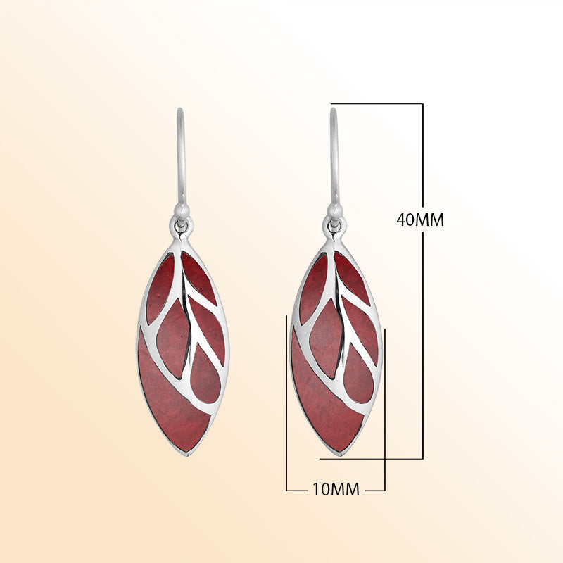 Sterling Silver Red Coral leaf shape earrings with Earwire and polished handcrafted silver design.