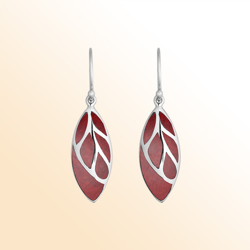 Sterling Silver Red Coral leaf shape earrings with Earwire and polished handcrafted silver design.