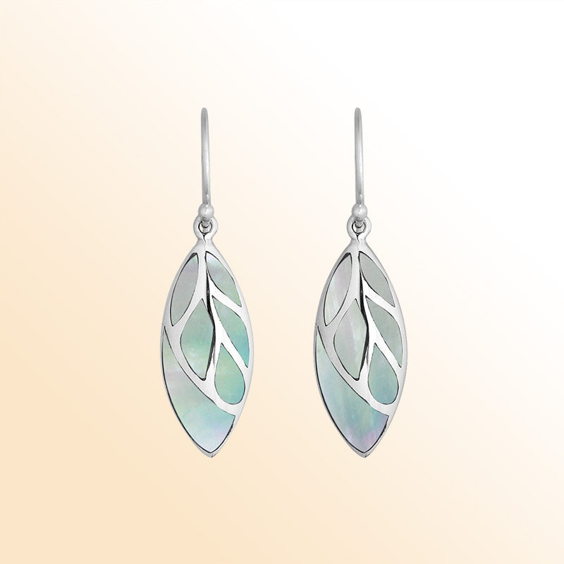 Sterling Silver Mother Of Pearl long leaf earrings for women with Earwire and handcrafted polished design.