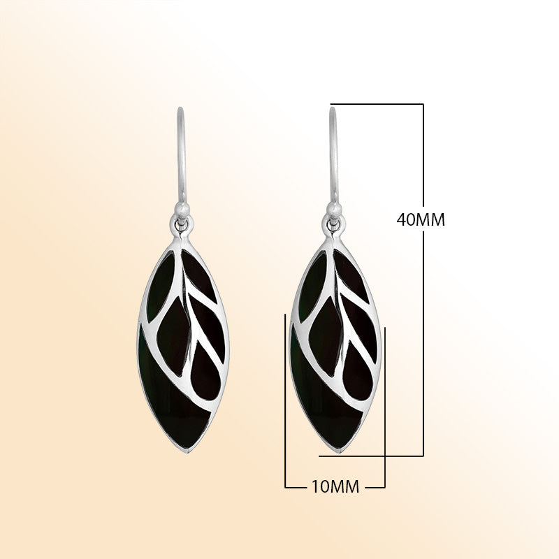 Sterling Silver Black Shell leaf earrings with Earwire and polished silver detailing for wholesale jewelry collections.