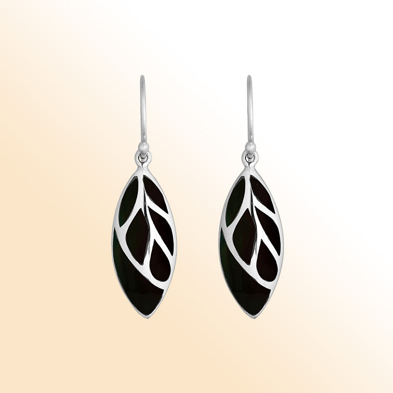Sterling Silver Black Shell leaf earrings with Earwire and polished silver detailing for wholesale jewelry collections.