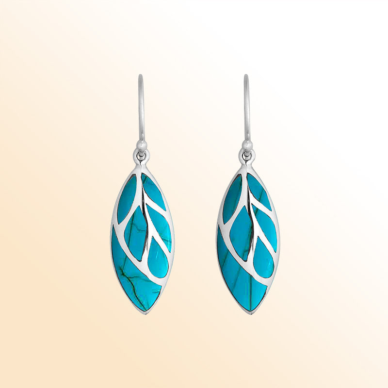 Sterling Silver Turquoise Shell long leaf earrings for women with Earwire and handcrafted polished silver finish.