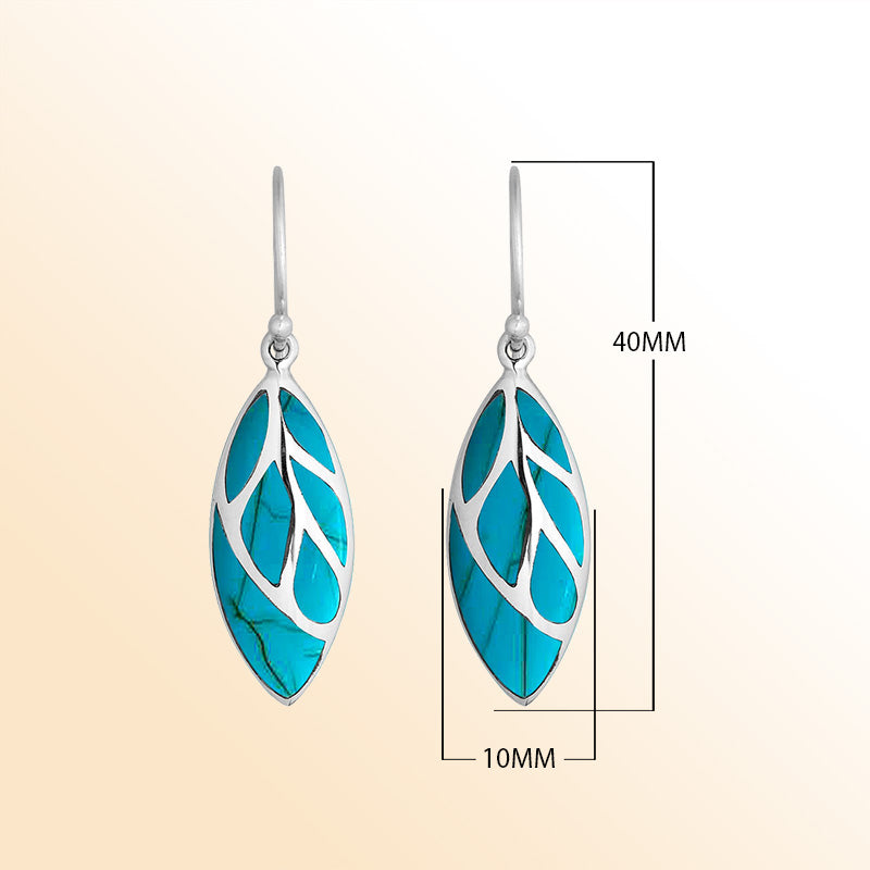 Sterling Silver Turquoise Shell long leaf earrings for women with Earwire and handcrafted polished silver finish.