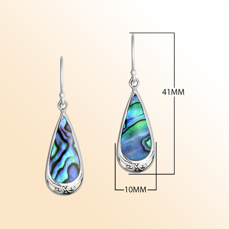 Artistic sterling silver earrings with luminous Abalone Shell teardrops and graceful silver scroll accents.