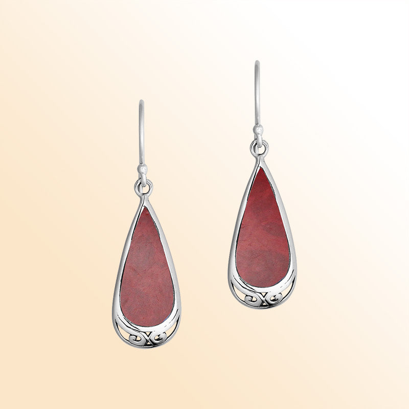 Elegant Sterling Silver Red Coral Teardrop Earrings With Engraved Silver Detail