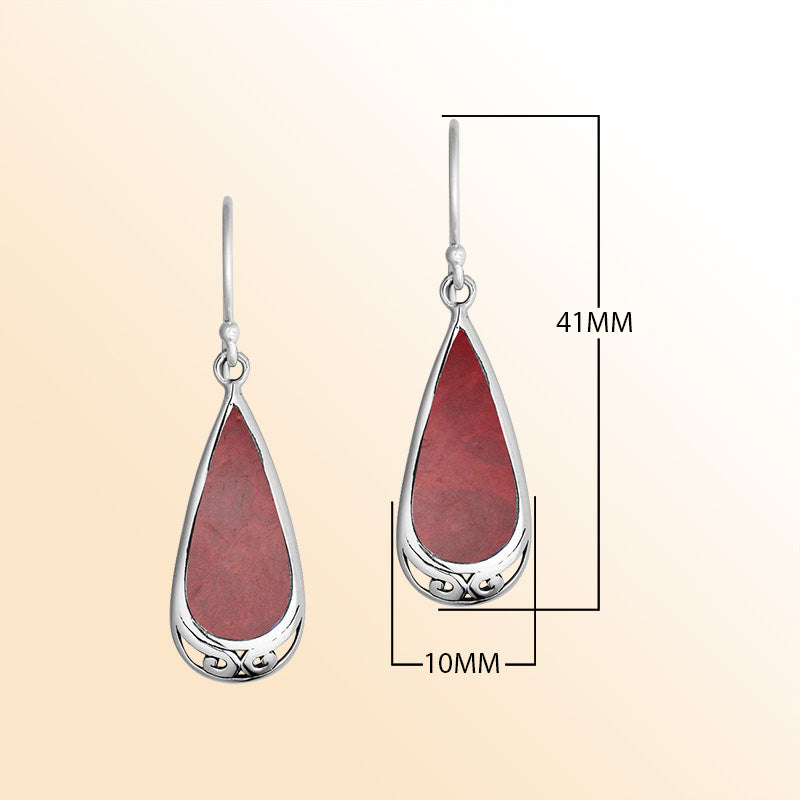 Elegant Sterling Silver Red Coral Teardrop Earrings With Engraved Silver Detail