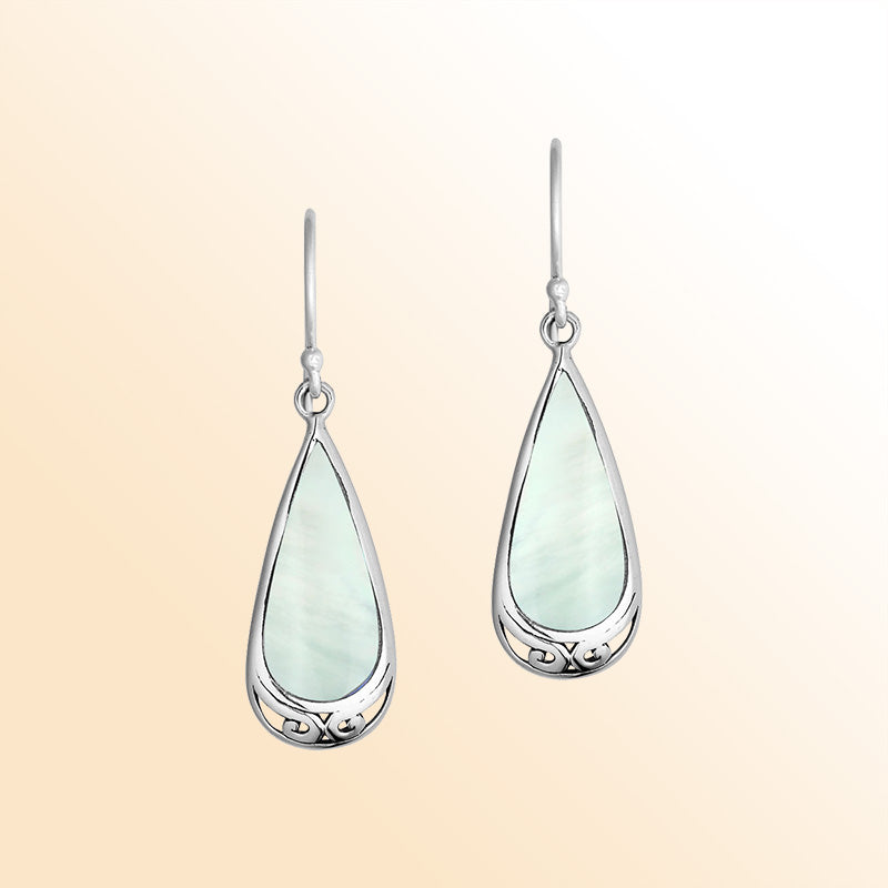 Elegant Sterling Silver Mother Of Pearl Teardrop Earrings With Engraved Accent