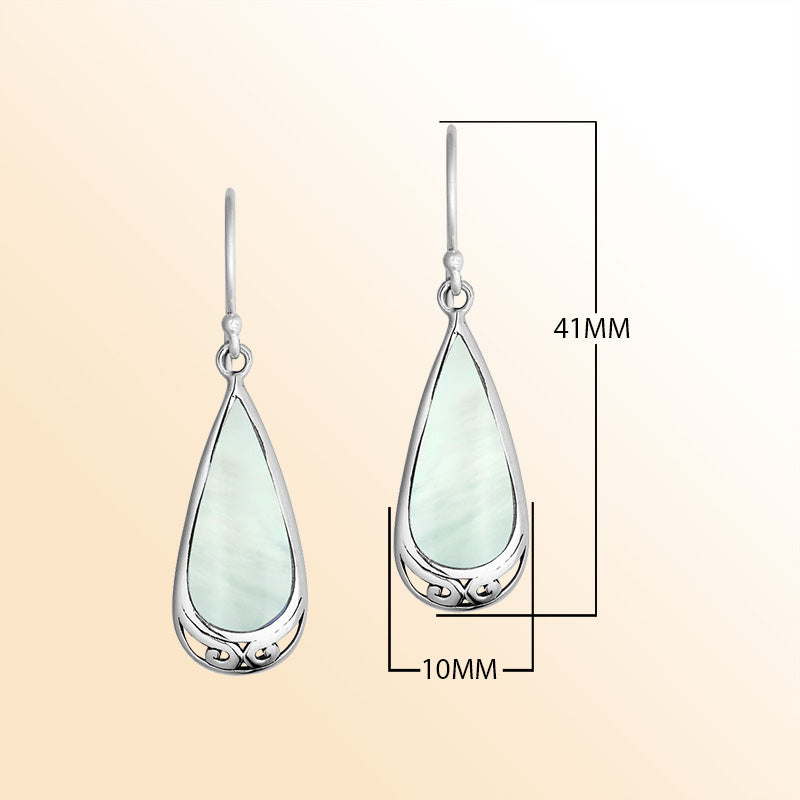 Elegant Sterling Silver Mother Of Pearl Teardrop Earrings With Engraved Accent
