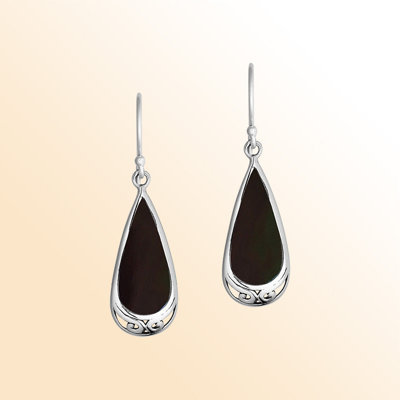 Elegant Sterling Silver Black Shell Teardrop Earrings With Engraved Silver Detailing