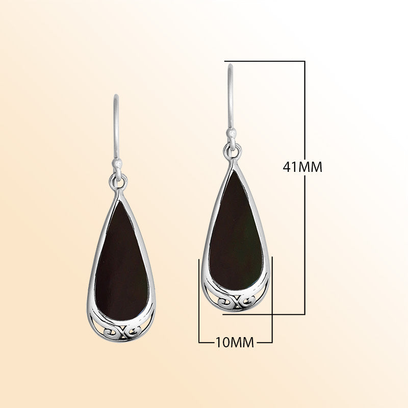 Elegant Sterling Silver Black Shell Teardrop Earrings With Engraved Silver Detailing