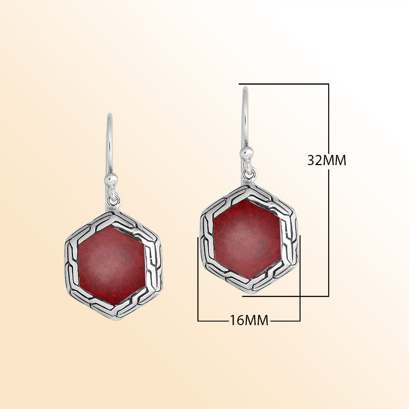 Sterling Silver Red Coral geometric drop earrings with polished finish and Earwire closure.