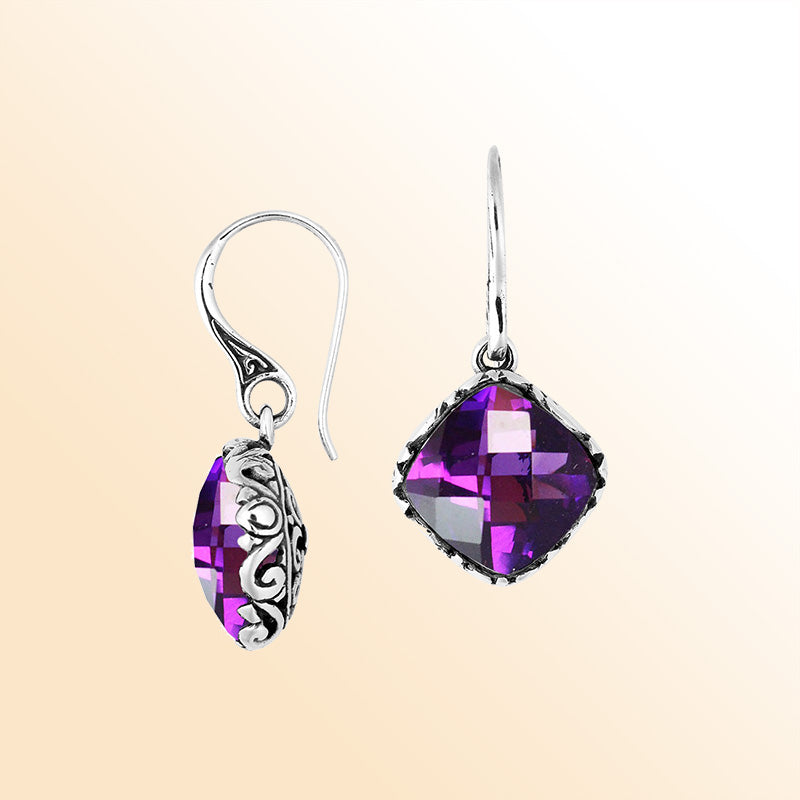 Sterling Silver Amethyst Quartz drop earrings with polished finish and vintage silver detailing for women.