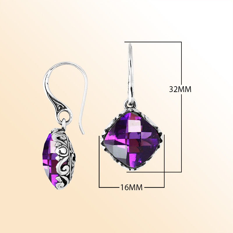 Sterling Silver Amethyst Quartz drop earrings with polished finish and vintage silver detailing for women.