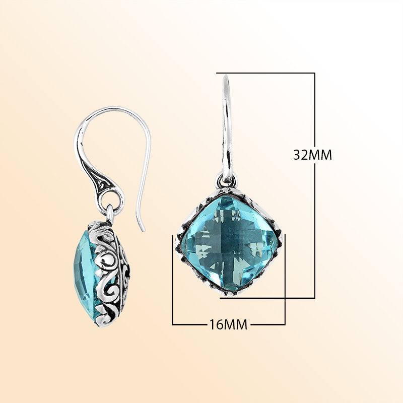 Sterling Silver Blue Topaz Quartz drop earrings with polished finish and ornate silver detailing for women.