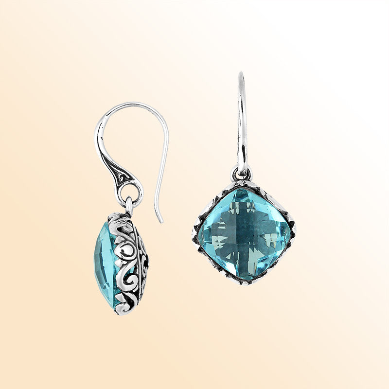 Sterling Silver Blue Topaz Quartz drop earrings with polished finish and ornate silver detailing for women.