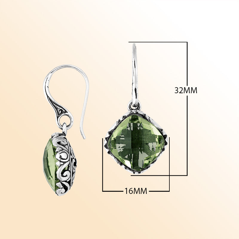 Sterling Silver Green Amethyst Quartz drop earrings with classic silver frame and polished finish.