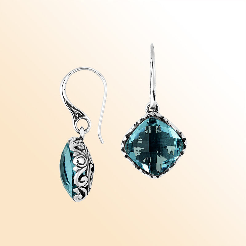 Sterling Silver London Blue Topaz Quartz drop earrings with elegant silver detailing and polished finish.