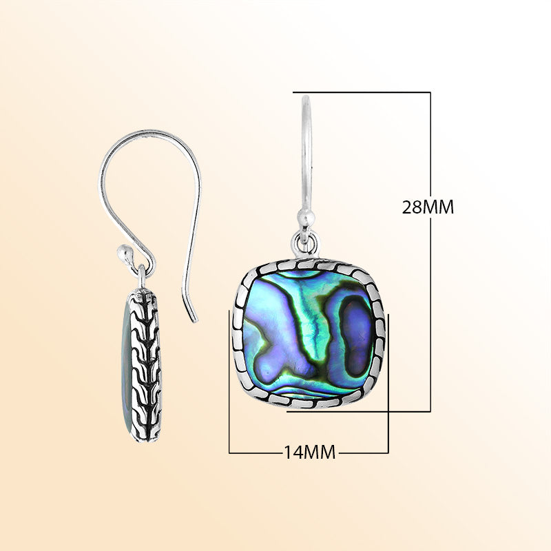 Artistic cushion earrings with Abalone Shell and silver texture accents