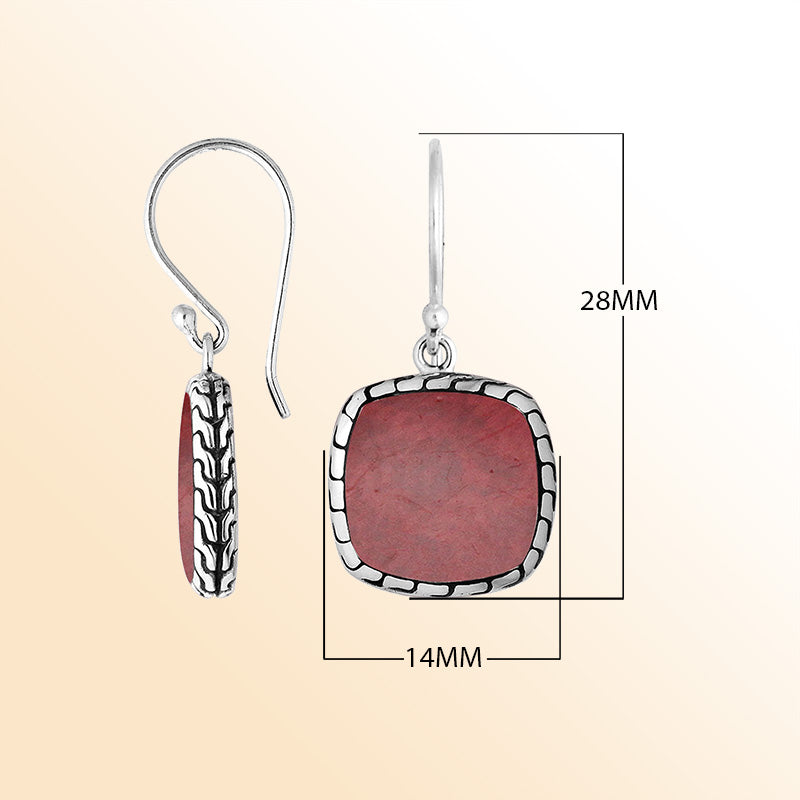 Artistic cushion earrings with Red Coral and silver textured edging