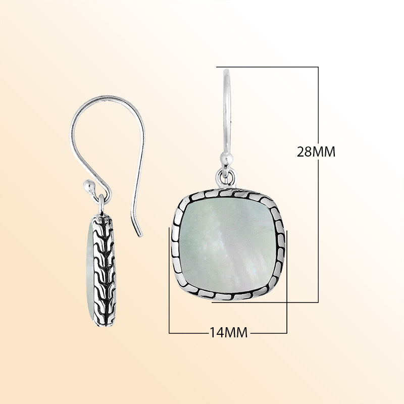 Artistic cushion earrings with Mother Of Pearl and silver textured edging