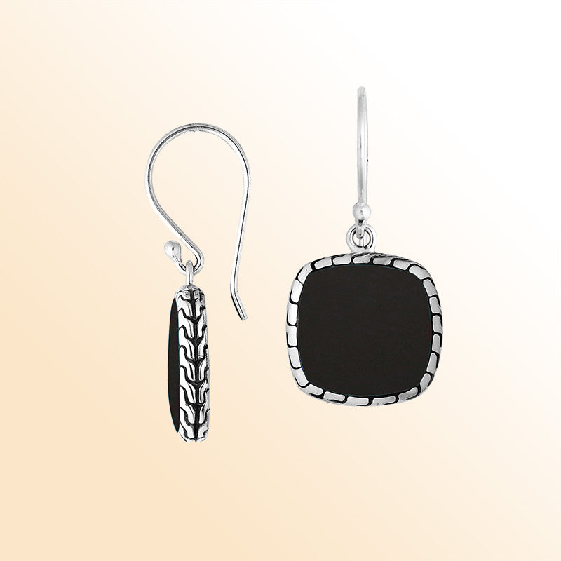 Artistic cushion earrings with Black Shell and silver textured edge