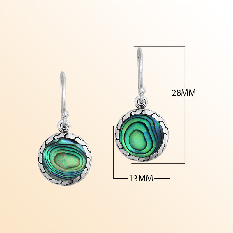Sterling Silver Abalone Shell drop earrings with polished silver frame and ocean-inspired detailing.