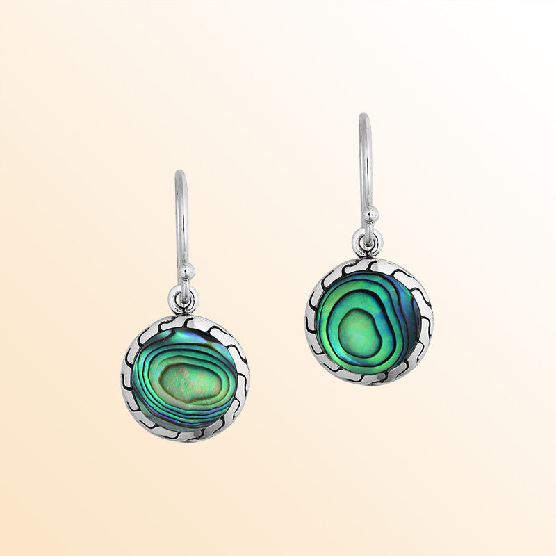 Sterling Silver Abalone Shell drop earrings with polished silver frame and ocean-inspired detailing.