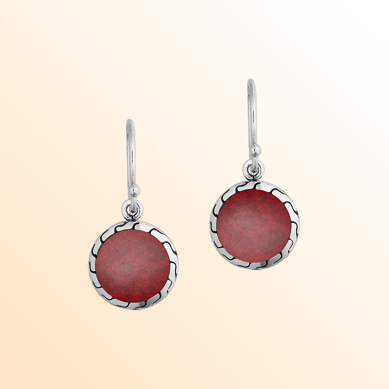 Sterling Silver Red Coral drop earrings with polished silver detailing and Earwire.