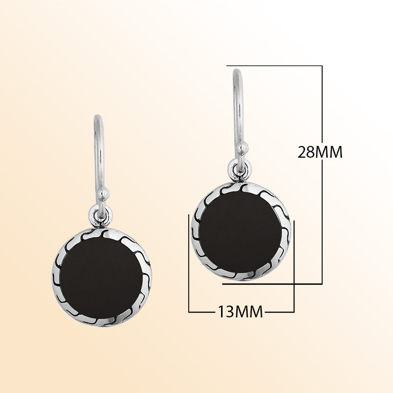 Sterling silver earrings with round Black Shell inlay and polished detailing.