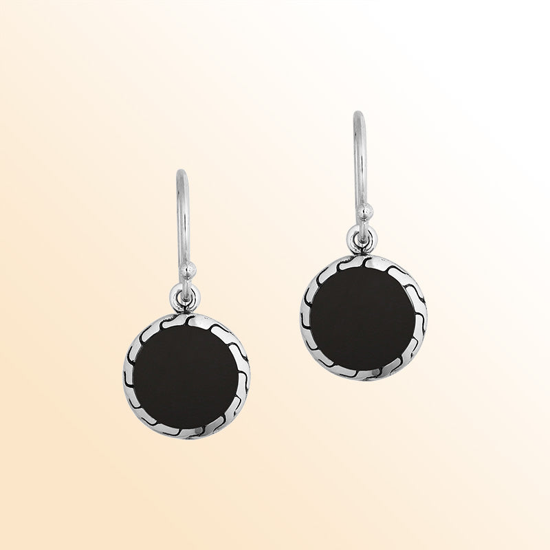 Sterling silver earrings with round Black Shell inlay and polished detailing.