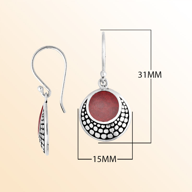 Sterling silver earrings with round Red Coral inlay and dotted silver detailing.