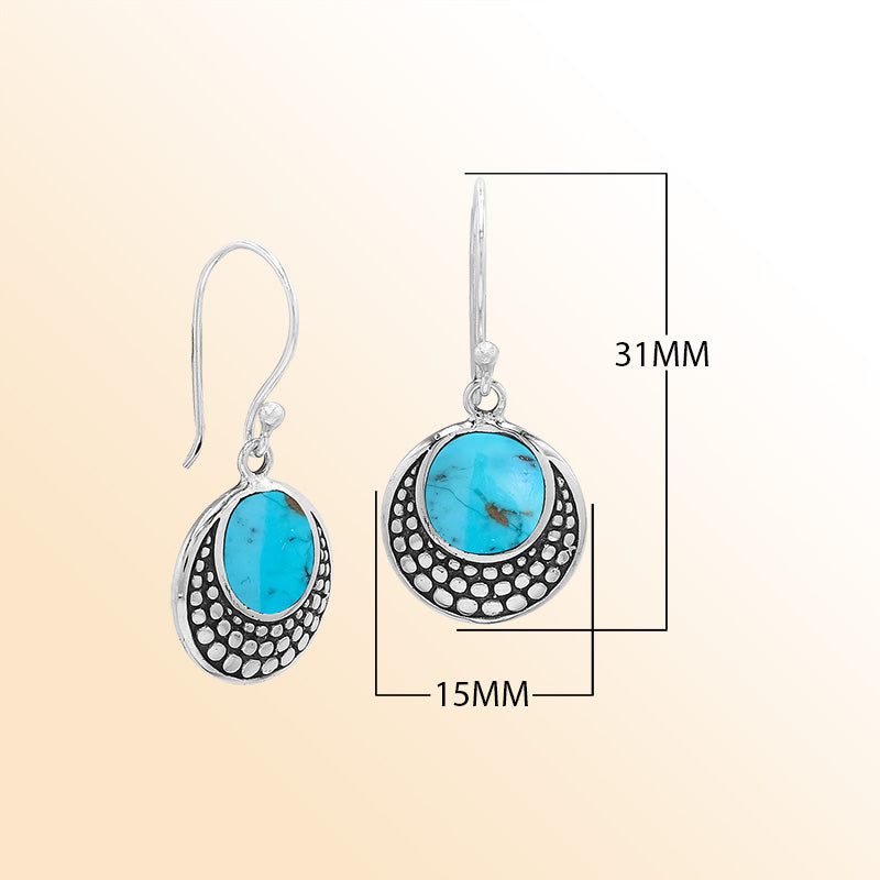 Sterling silver earrings with round Turquoise Shell inlay and dotted silver design.