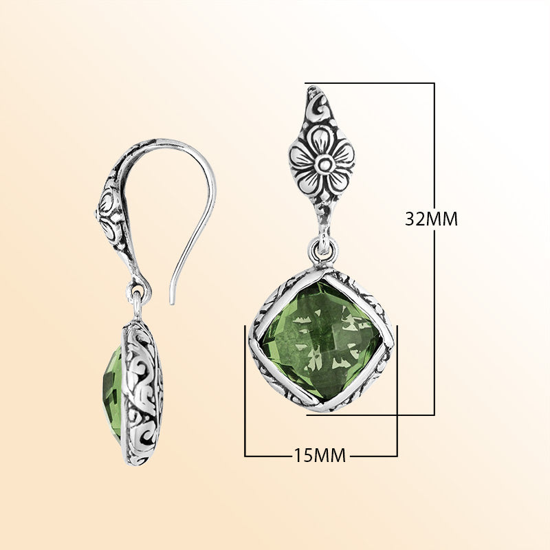 Sterling silver earrings with Green Amethyst Quartz cushion-cut stone and floral silver frame.