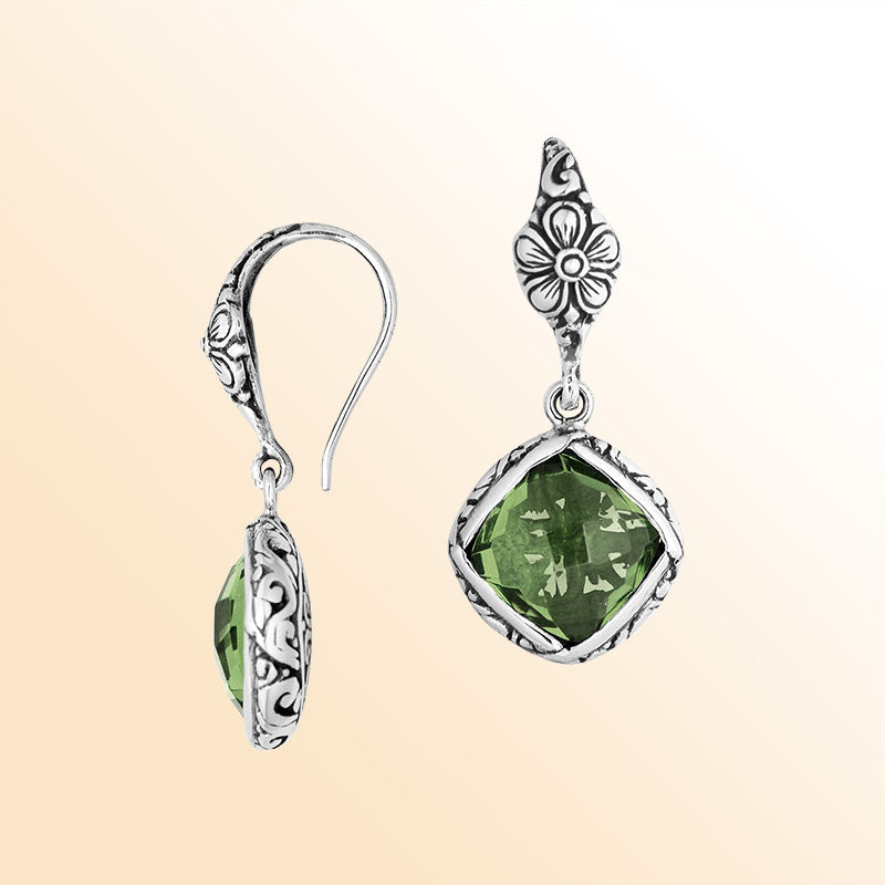 Sterling silver earrings with Green Amethyst Quartz cushion-cut stone and floral silver frame.