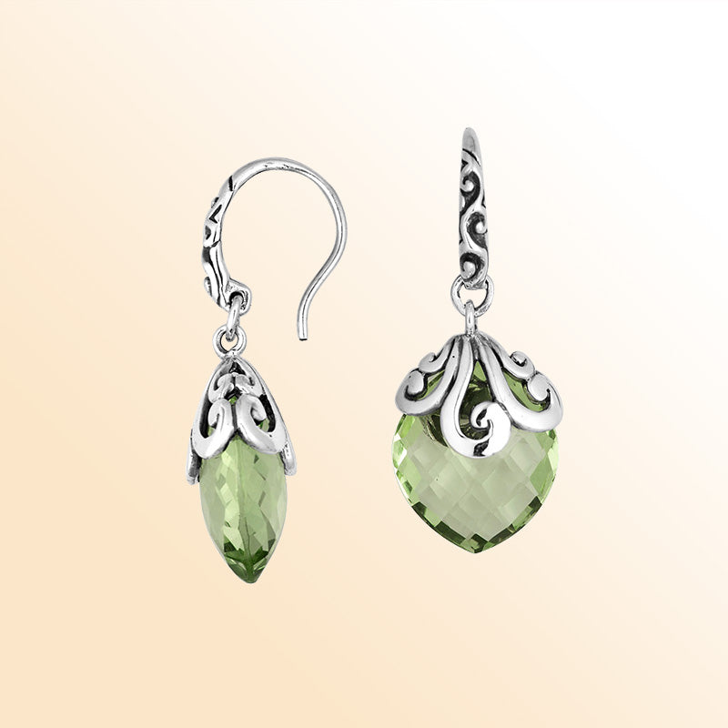 Sterling silver earrings with Green Amethyst Quartz teardrop design and ornate silver detailing.