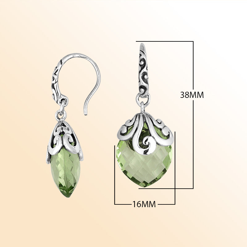 Sterling silver earrings with Green Amethyst Quartz teardrop design and ornate silver detailing.