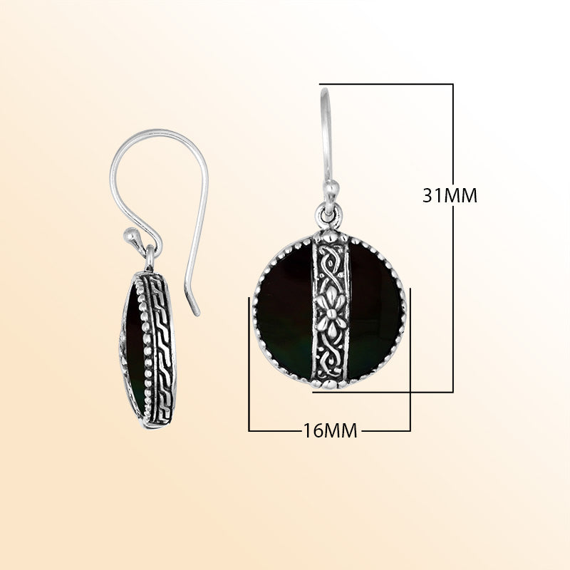 Sterling silver earrings with Black Shell round design and floral silver detailing.