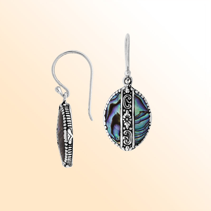 Sterling silver Abalone Shell oval earrings with floral engraved silver detailing.