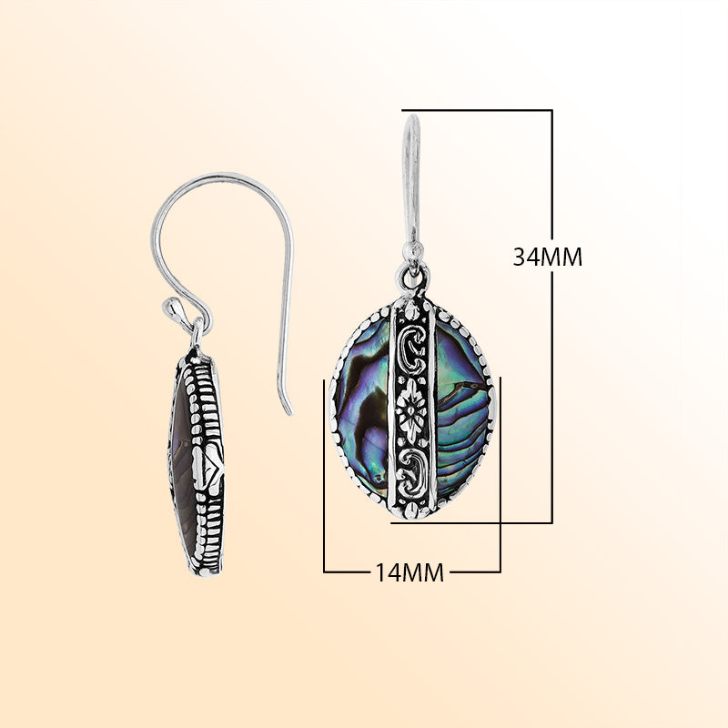 Sterling silver Abalone Shell oval earrings with floral engraved silver detailing.
